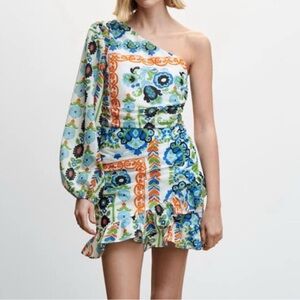 Mango Asymmetrical Pleated Off Shoulder Dress